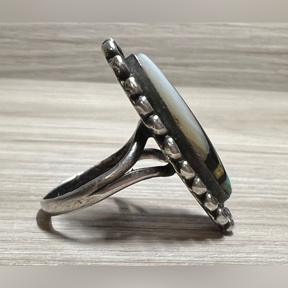 Navajo Lee Charley Sterling Silver & Gold Turquoise, MOP, Onyx Ring, Size 8 - Picture 5 of 9